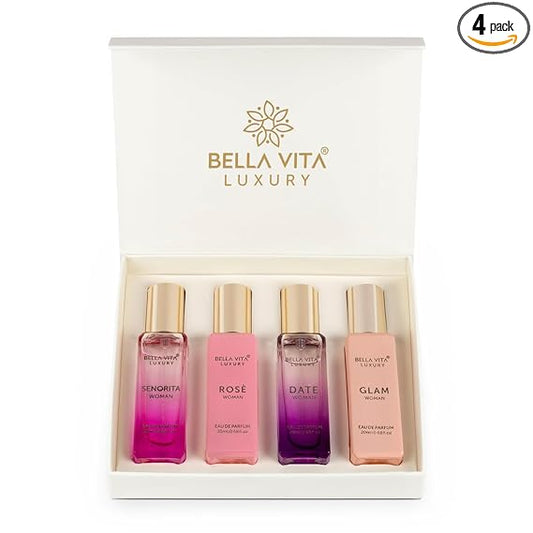 Bella Vita Luxury Woman Eau De Parfum Gift Set 4x20 ml for Women with Date, Senorita, Glam, Rose Perfume|Floral, Fruity Long Lasting EDP Fragrance Scent